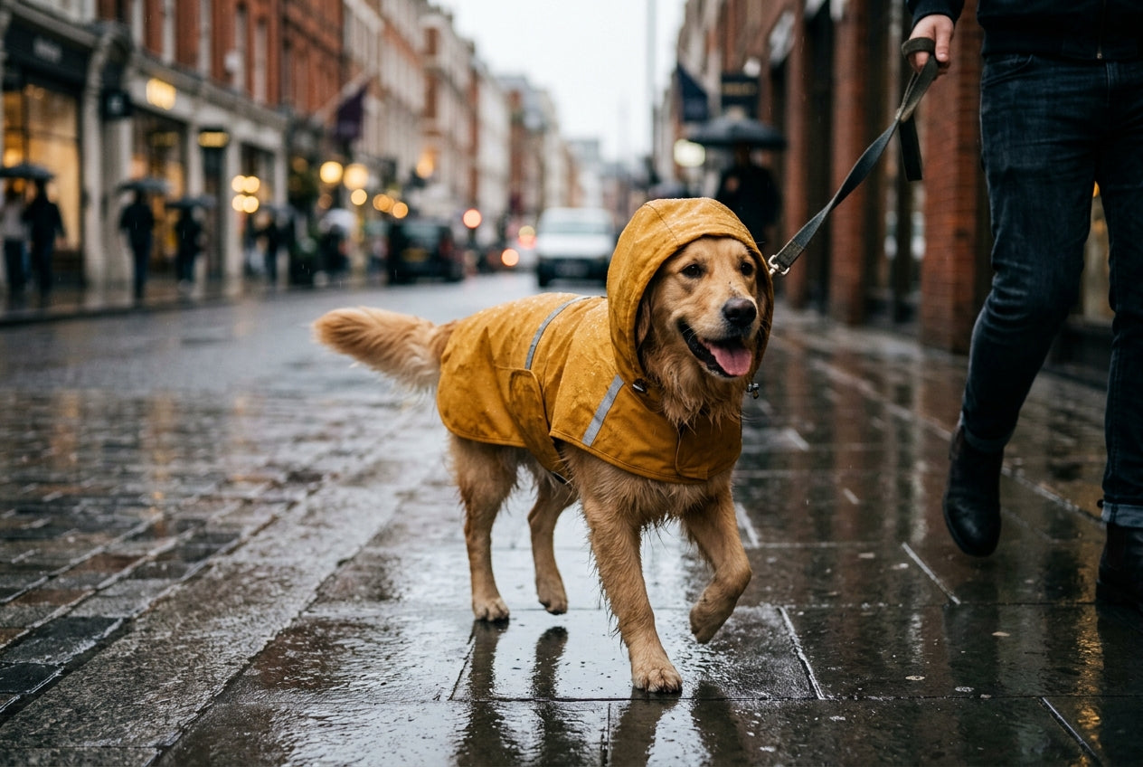 Dog wearing Talon Raincoat outdoors